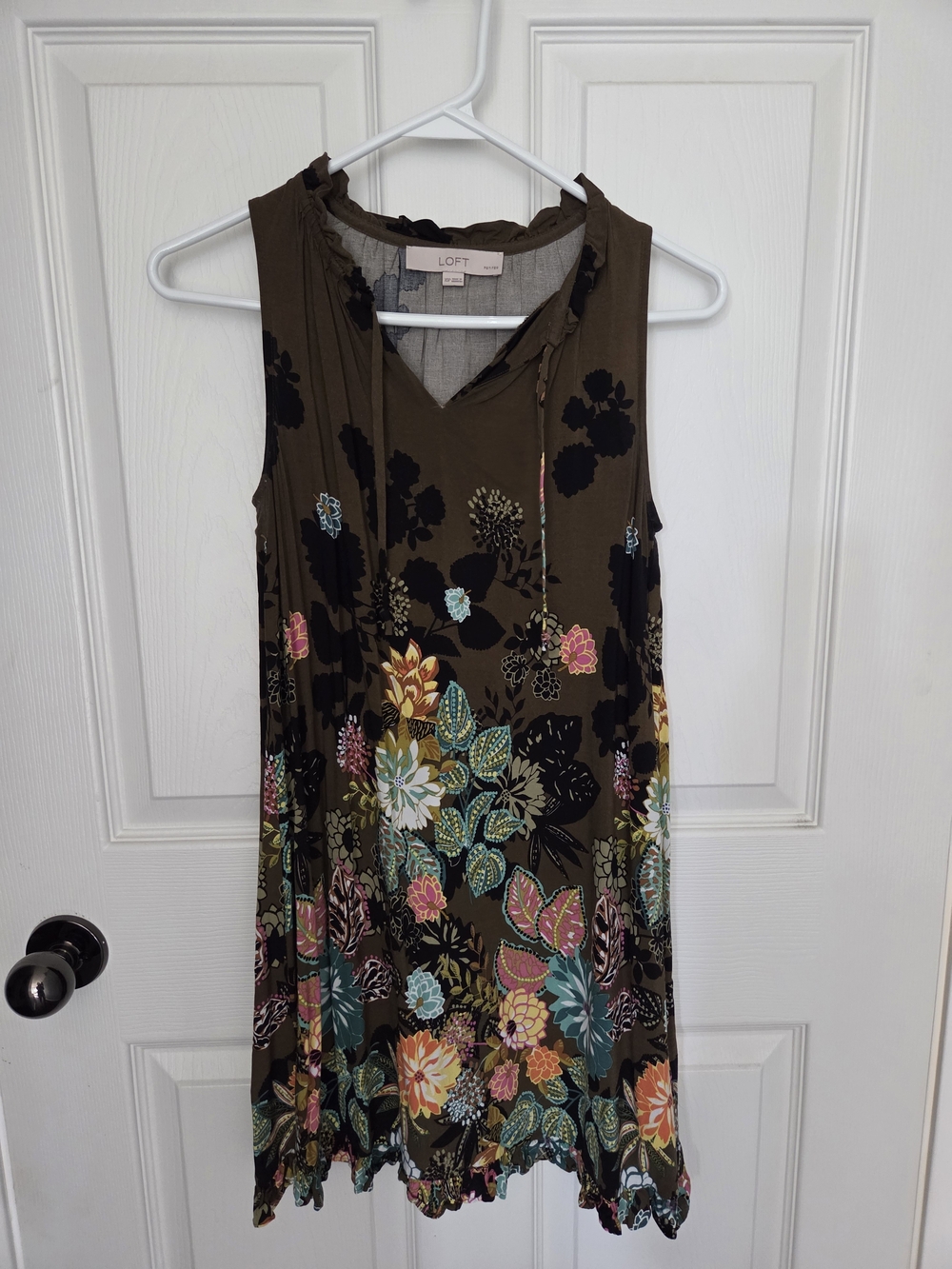 LOFT Olive Floral Sleeveless V-Neck Swing Dress